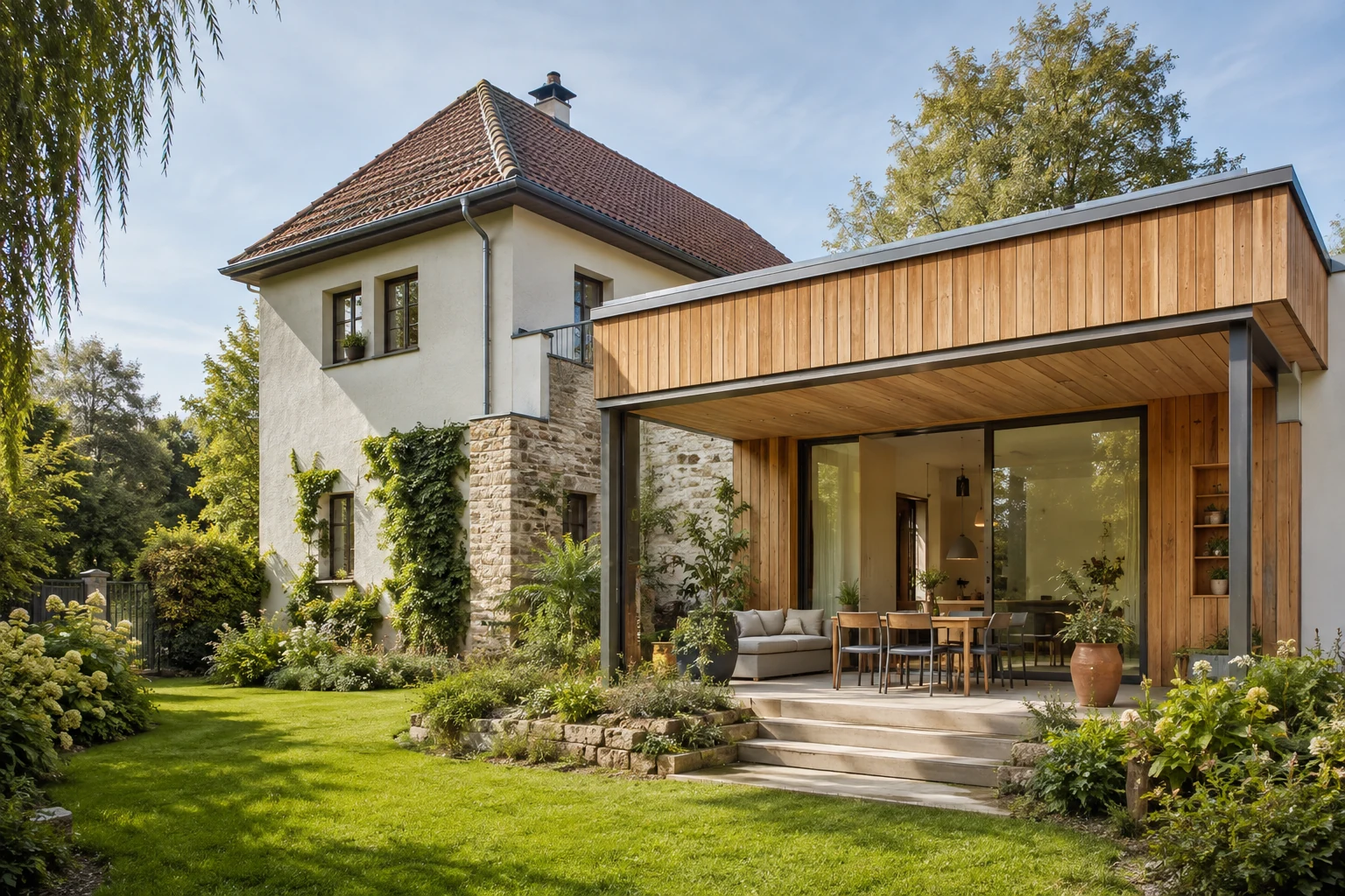 Architekturhaus mit Naturmaterialien, Terrasse und gepflegtem Garten
